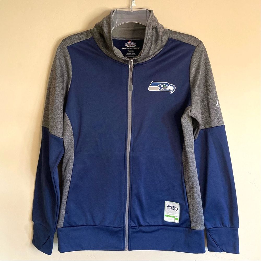 Majestic Seattle Seahawks Speed Fly Lightweight Full-Zip Fleece Jacket Navy S - Picture 2 of 11